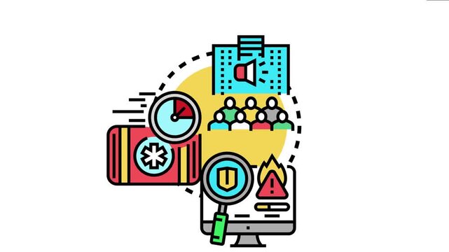 Emergency action planning and rapid response concept displaying essential elements for crisis management, including medical aid, urgent communication, investigation, and collective readiness
