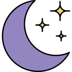 A simple, flat vector graphic featuring a purple crescent moon alongside three yellow twinkling stars, set against a solid black background. © BungCu