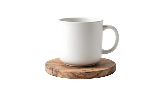 White ceramic coffee mug on a wooden coaster