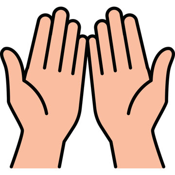 Minimalist vector graphic of two open hands facing upwards. Features a warm peach palette with bold outlines on a black background, conveying peace and spirituality.