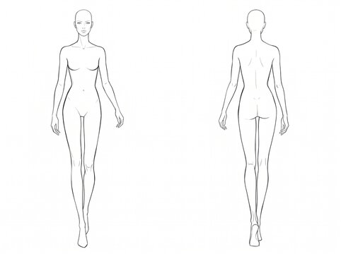 Standing Female Model Figure Front and Back View Fashion Croquis Technical Line Art Vector Sketch