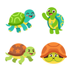 Obraz premium Flat vector illustration set of cute turtle tortoise animal characters