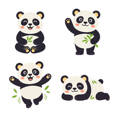 Naklejka premium Flat vector illustration set of cute giant panda characters eating and playing