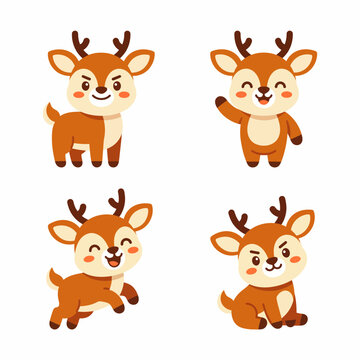 Flat vector illustration set of cute fawn deer wild animal characters