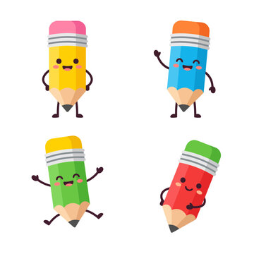 Flat vector illustration set of cute rubber eraser stationery characters
