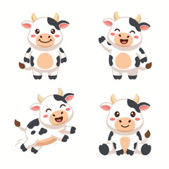 Fototapeta premium Flat vector illustration set of cute spotted cow animal characters