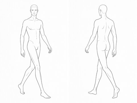 Male Fashion Model Walking Poses Front and Back View Vector Line Art Technical Croquis Template