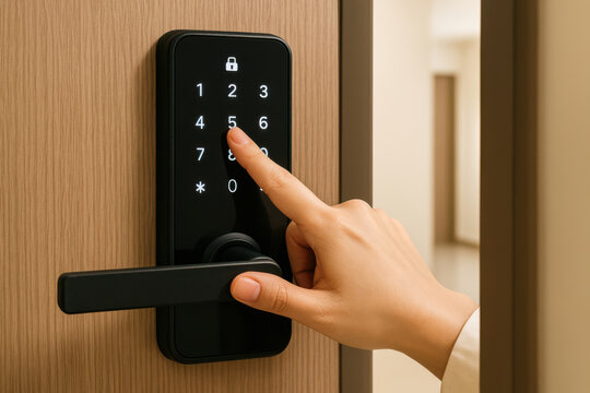 Person pressing a number on a modern smart door lock with a digital keypad on a wooden door
