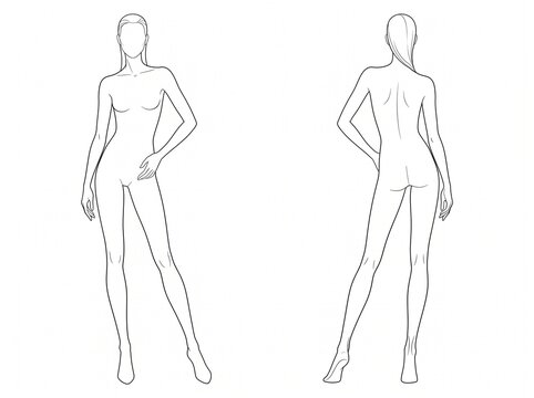 Full Body Female Fashion Model Front and Back Standing Croquis Vector Line Art Technical Drawing