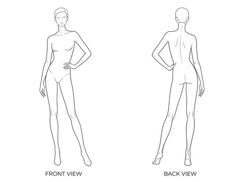 Front and Back Standing View Female Croquis Fashion Model Vector Technical Line Art Template