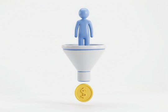 3D render of person figure being converted into financial success concept with funnel and golden coin, business