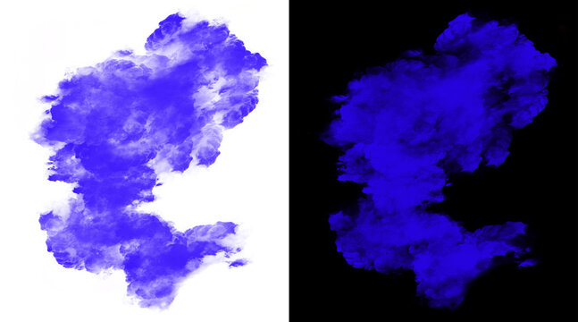 Blue smoke cloud texture, vibrant ink splash effect on white and black background, abstract vapor element for design