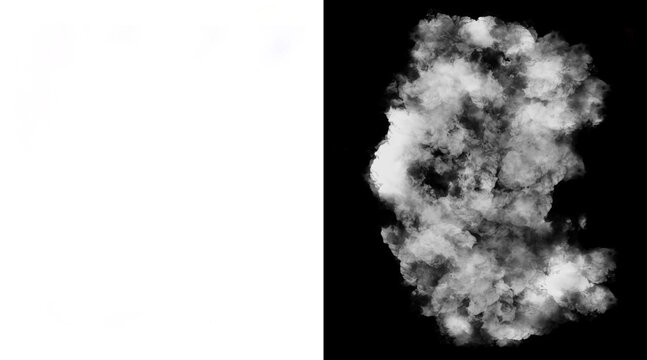 Atmospheric white smoke plume on black background, thick vapor cloud texture, realistic steam effect for compositing
