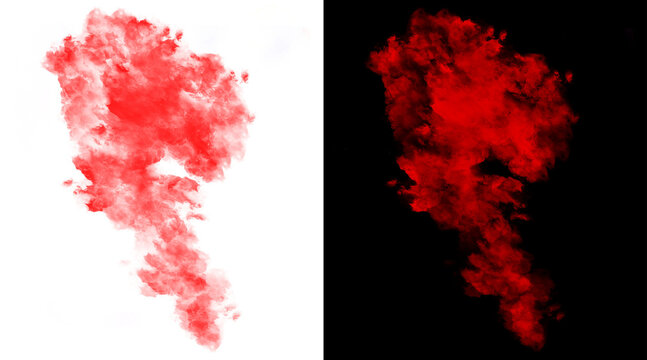 Red ink splash on white and black background, vibrant watercolor smoke effect, abstract crimson paint swirl for artistic design