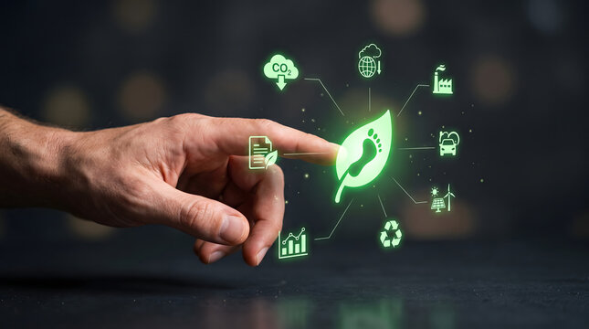 Holographic carbon footprint tracking interface with green leaf icon and environmental sustainability technology