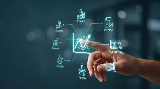 Digital cash flow management interface showing financial analytics, revenue tracking, and business accounting technology