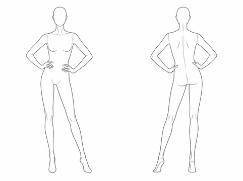 Symmetrical Front and Back View Female Fashion Model Croquis Vector Technical Line Drawing