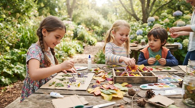 Children creating nature collages with autumn leaves and pinecones on wooden table in garden, outdoor art activities for kids, preschool creativity concept