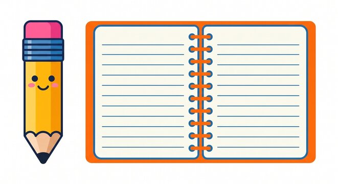 Notebook and pencil vector illustration with lined pages and a cheerful face icon.