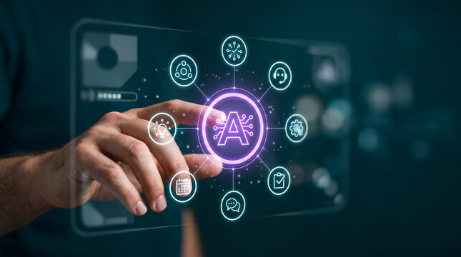 Holographic autonomous AI agent interface showing intelligent automation system with connected digital service icons