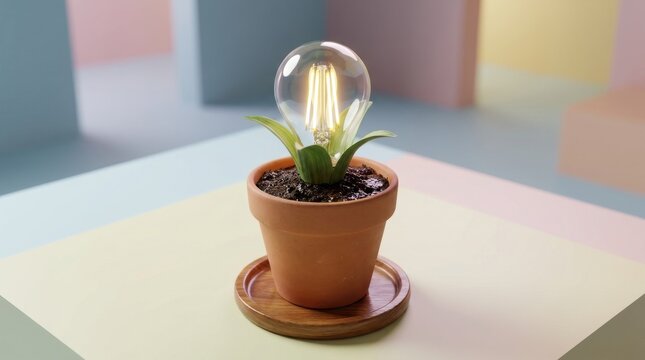Creative Concept of Light Bulb Growing from Terra Cotta Pot as Plant Symbolizing Sustainable Green Energy Solutions and Environmental Innovation Ideas