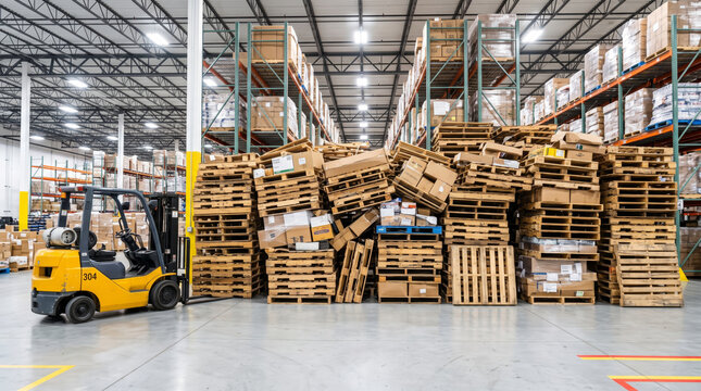 Yellow forklift parked near messy pile of pallets in warehouse