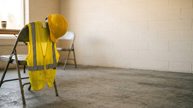 Yellow safety vest and hard hat on folding chair
