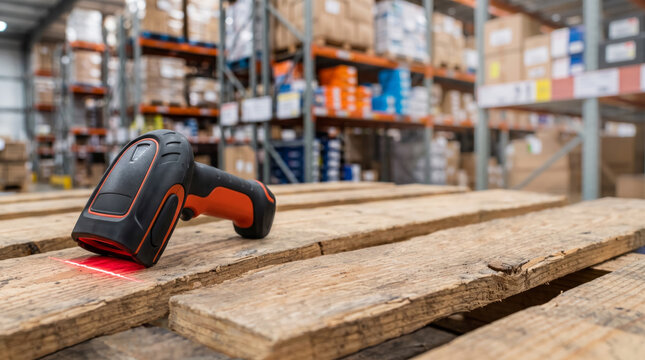 Barcode scanner emitting laser on wooden pallet in warehouse