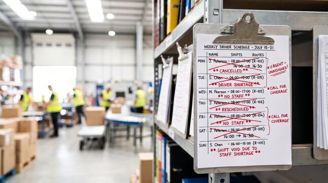 Clipboard with canceled driver schedule in warehouse environment