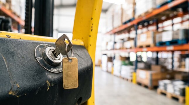 Forklift key in ignition inside a modern distribution warehouse