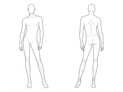 Full Length Men Body Croquis Front and Back View Vector Line Art Technical Drawing Template for Menswear