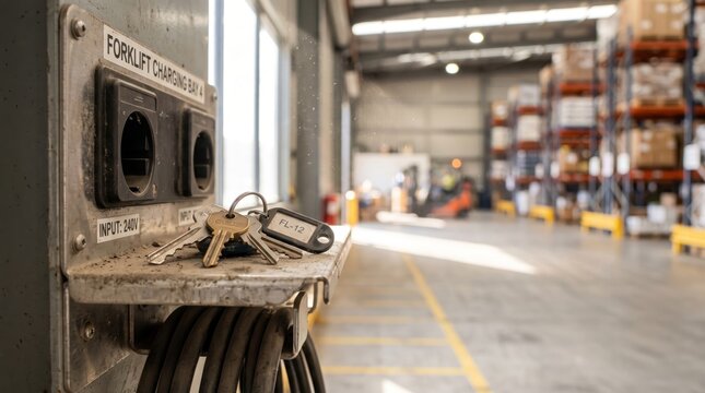 Forklift keys resting on a charging station in warehouse