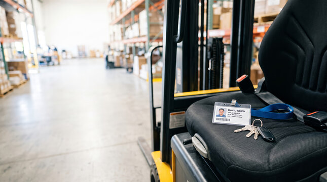 ID badge and keys left on forklift seat in warehouse