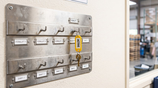 Metal key rack with single active key in warehouse