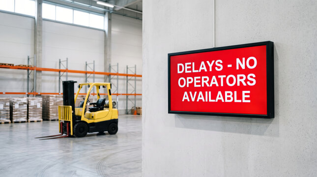 Red warning sign about operator shortage in empty warehouse