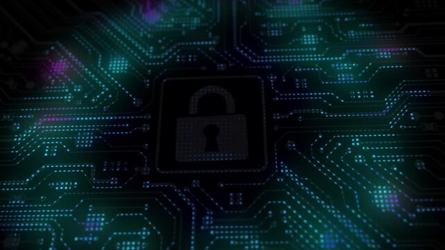 Glowing digital padlock icon on a computer circuit board chip for cyber security data protection and network encryption privacy concepts