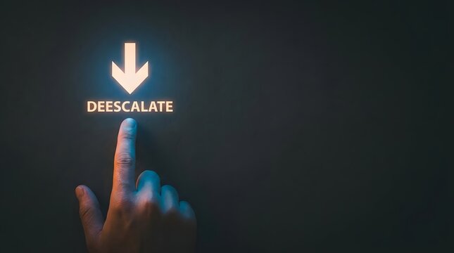 Human finger pressing glowing deescalate button representing conflict resolution