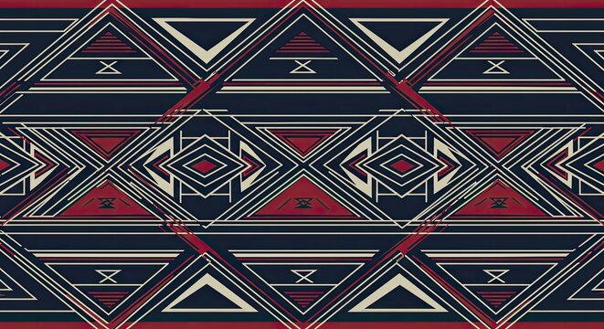 Abstract geometric pattern with red and blue triangular shapes on dark background.