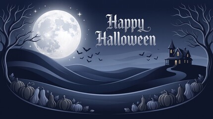 Naklejka premium Happy halloween illustration with full moon and bats