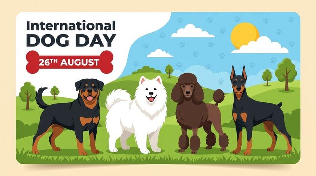 International Dog Day August 26th banner with various dog breeds illustration