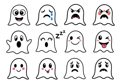 Minimalist ghost emoji set with diverse facial expressions