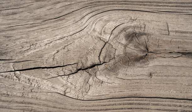 Textura de madera envejecida con grietas y nudo natural en primer plano como fondo r&uacute;stico