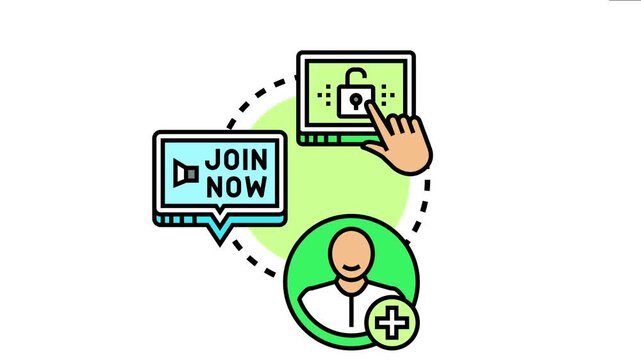 Digital depicting a process of user registration and secure online account access, featuring a join now button and a new user profile adding