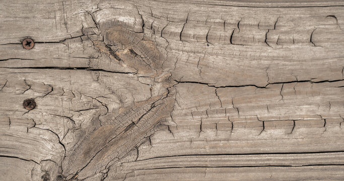 Textura de madera r&uacute;stica envejecida con grietas, vetas, nudos y tornillos oxidados como fondo natural