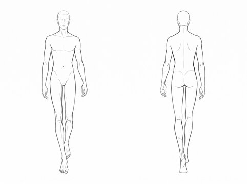Front and Back View Walking Male Body Croquis Vector Technical Line Art Drawing Template for Menswear