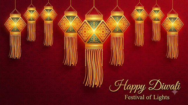Traditional Diwali lanterns on red background, glowing decorative Akash Kandil lamps, festive Indian holiday greeting card