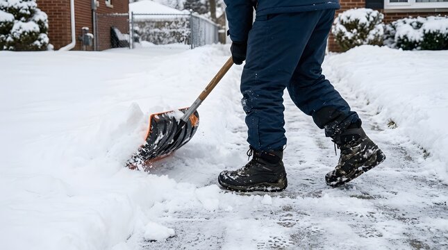 Person Shoveling Snow on Winter Day in Residential Area with Snow covered Ground and Wooden Fence