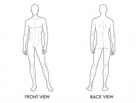 Front and Back View Male Fashion Model Croquis Line Art Vector Technical Sketch Template