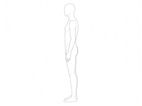 Side Profile Male Figure Standing Pose Technical Line Art Vector Sketch Template for Menswear
