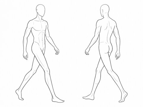 Front and Back View Male Model Walking Poses Fashion Croquis Vector Line Art Technical Template